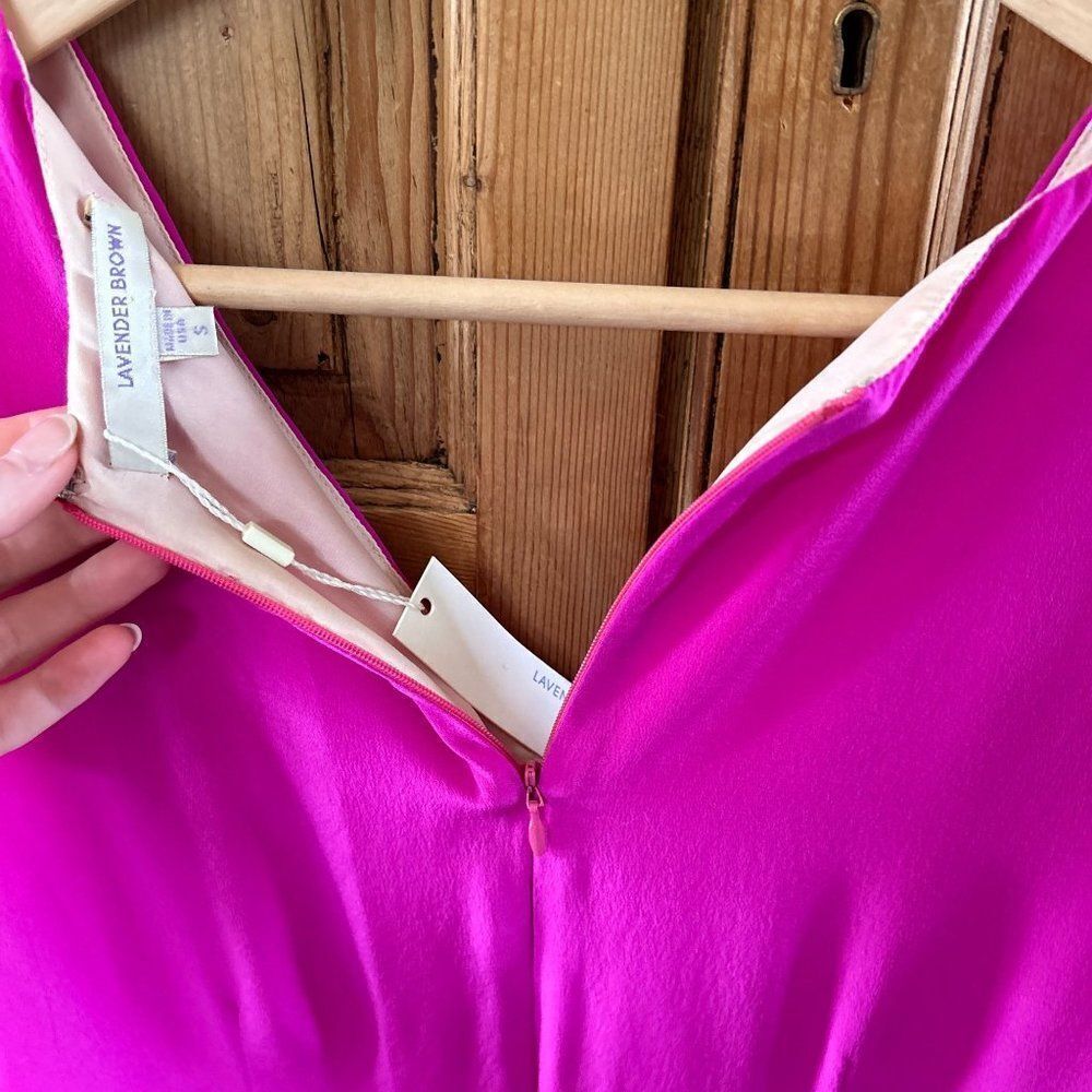 Lavender Brown Small Hot Pink Dress Fuschia V-Neck Fit and Flare Silk Barbie NEW - Picture 7 of 8